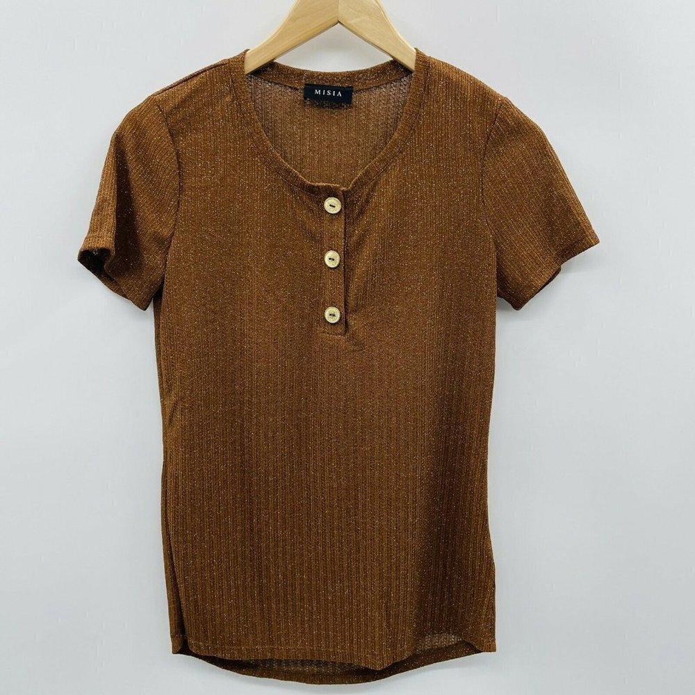Misia Fashion Womens Size Small Short Sleeve Henley Top Metallic Gold Brown 1213